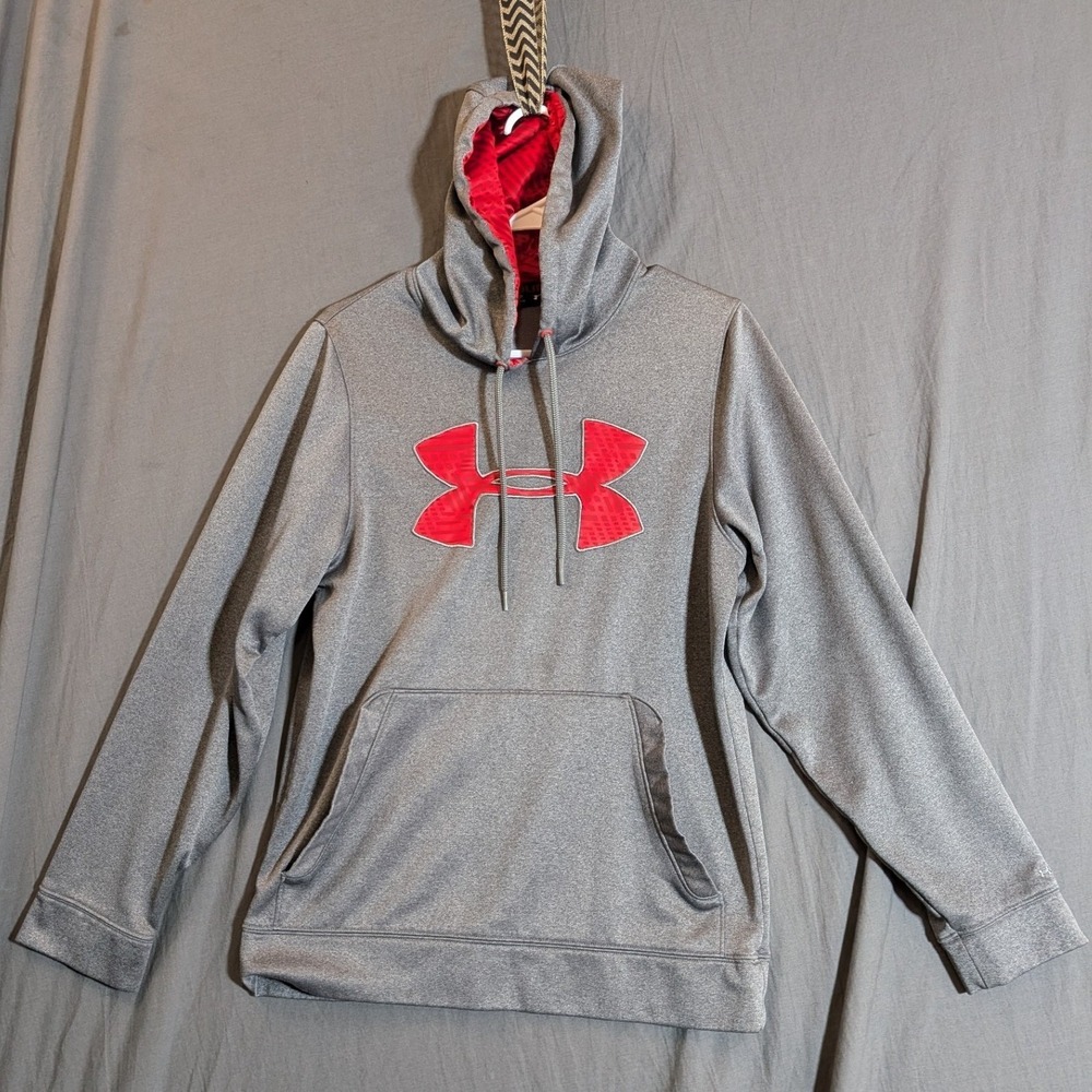 Under Armour Men's Gray Red Logo Hoodie Sweatshirt Loose Fit Size XS